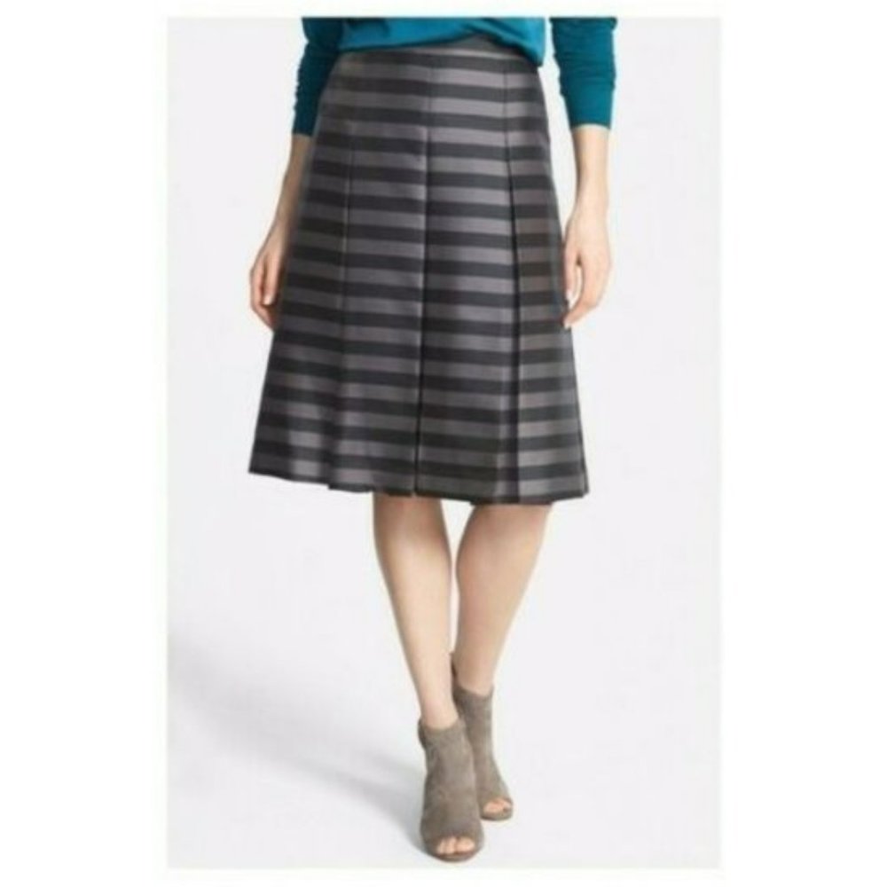 Halogen Pleated Midi Skirt Black Brown Stripe